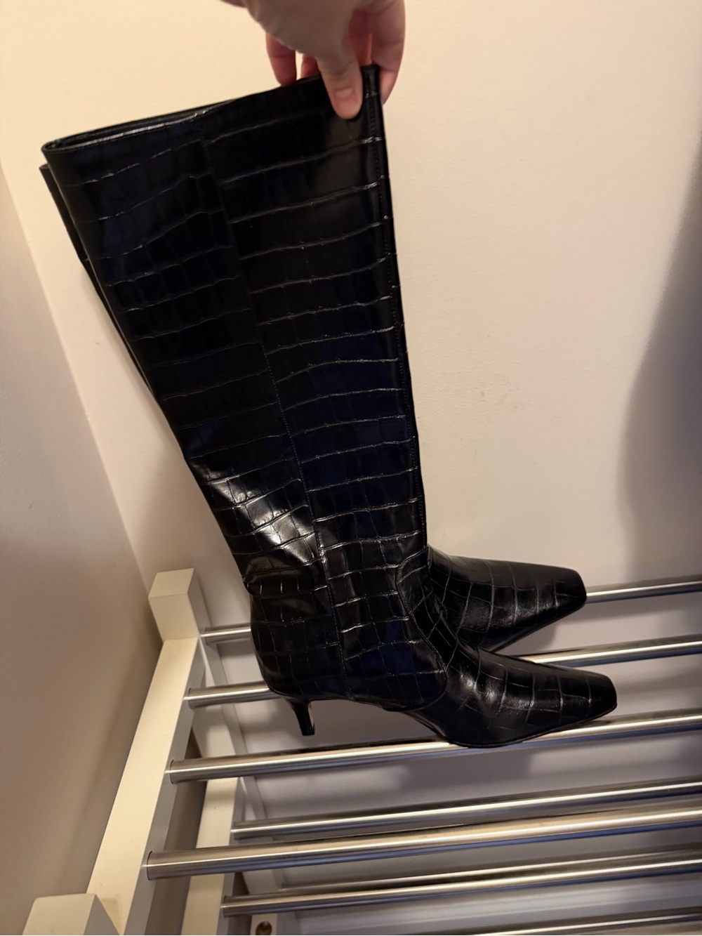 Steve Madden Black Croc-Embossed Knee-High Heeled Boots